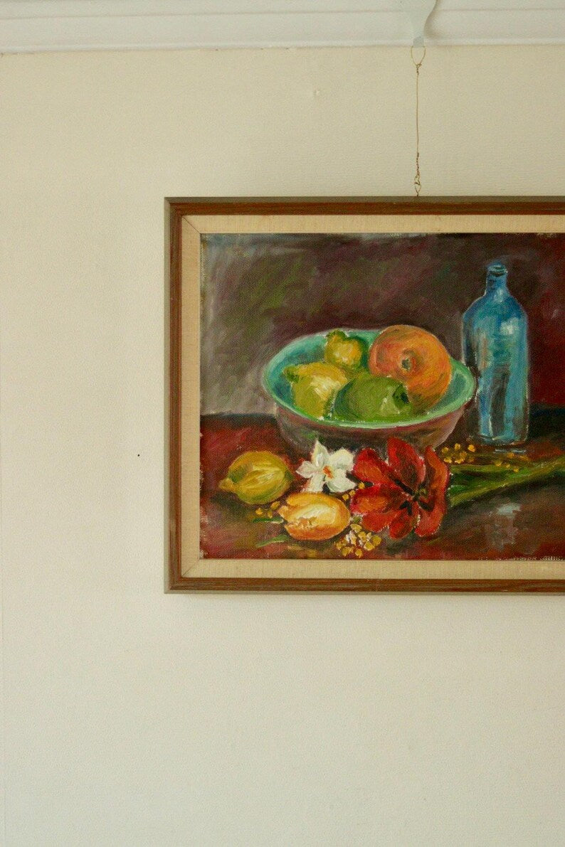 Original Swedish Mid Century Oil on Canvas "Still Life, Bottle and Fruit" by Denoran - -Vintage & Framed