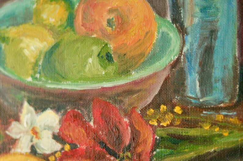 Original Swedish Mid Century Oil on Canvas "Still Life, Bottle and Fruit" by Denoran - -Vintage & Framed