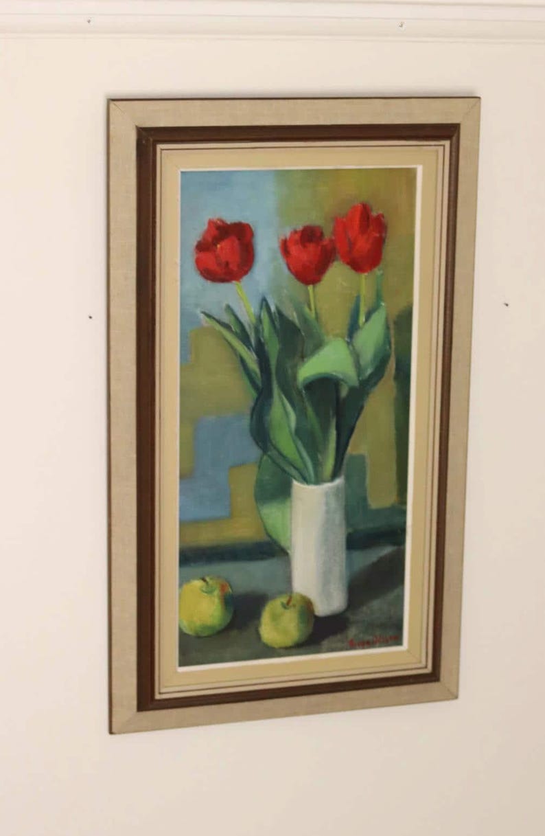 1970's Original Large Swedish Mid-Century Oil On Board Painting" Still life Tulips " by Hugo Olsson --Vintage & Framed