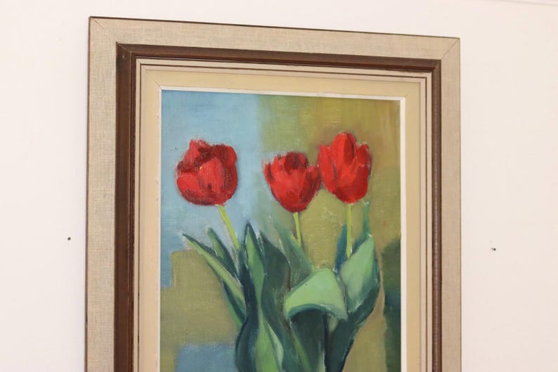 1970's Original Large Swedish Mid-Century Oil On Board Painting" Still life Tulips " by Hugo Olsson --Vintage & Framed