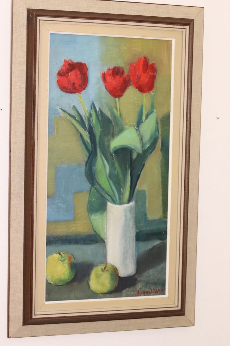 1970's Original Large Swedish Mid-Century Oil On Board Painting" Still life Tulips " by Hugo Olsson --Vintage & Framed