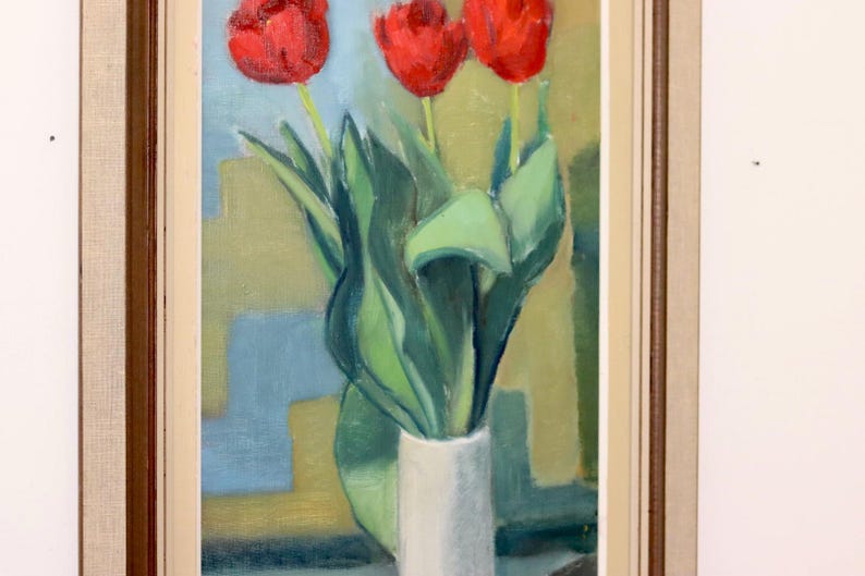 1970's Original Large Swedish Mid-Century Oil On Board Painting" Still life Tulips " by Hugo Olsson --Vintage & Framed