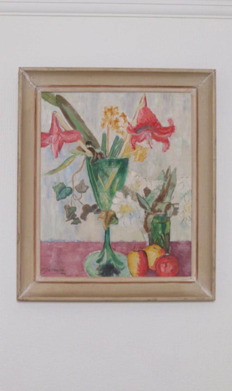 Original Mid- century Oil on Panel – “Vase” by H. Jakobson – Vintage & Framed – 56 × 48 cm (22.0" × 18.9")