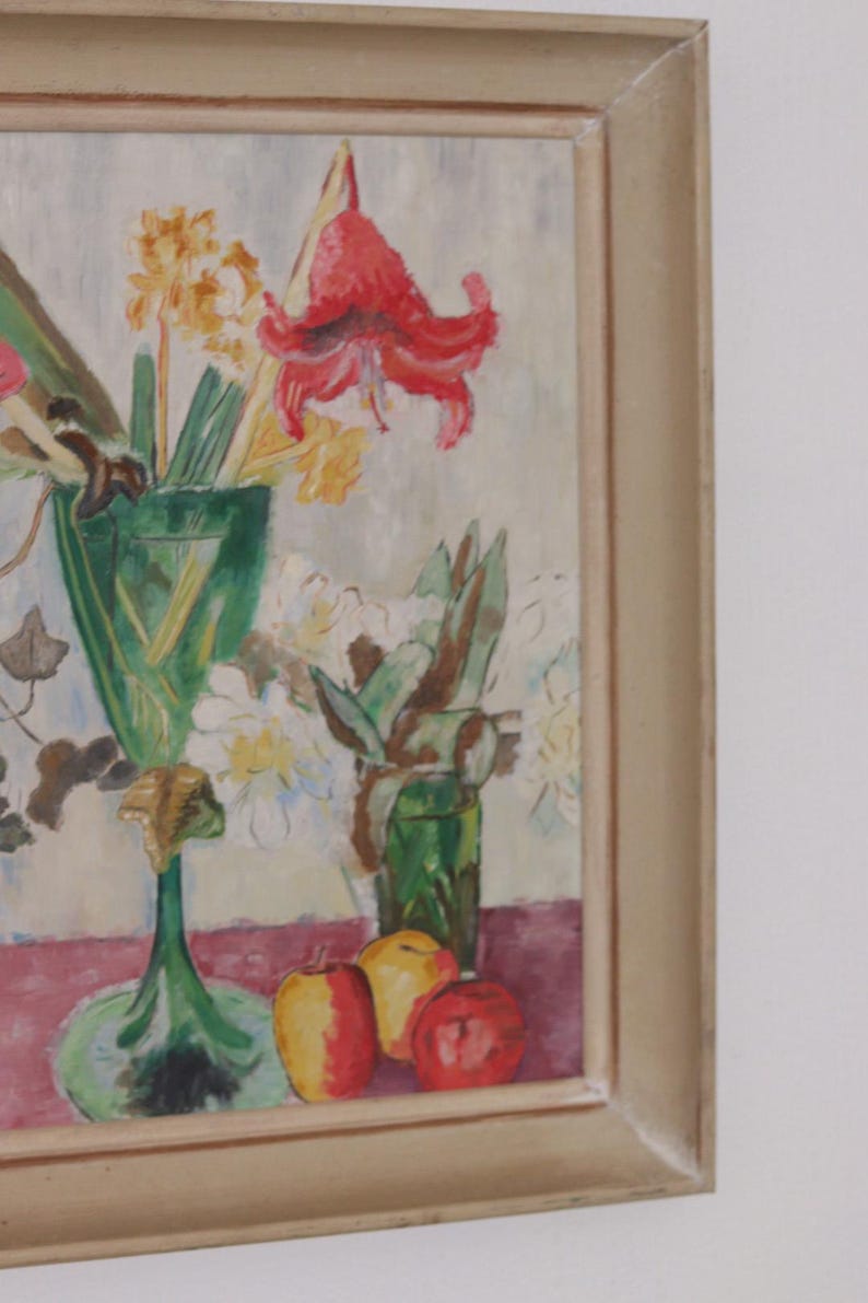 Original Mid- century Oil on Panel – “Vase” by H. Jakobson – Vintage & Framed – 56 × 48 cm (22.0" × 18.9")