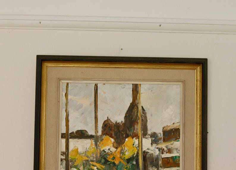 Original Swedish Mid Century Oil on Panel "Yellow Flowers by a Window" by T. Stenbäck- -Vintage & Framed