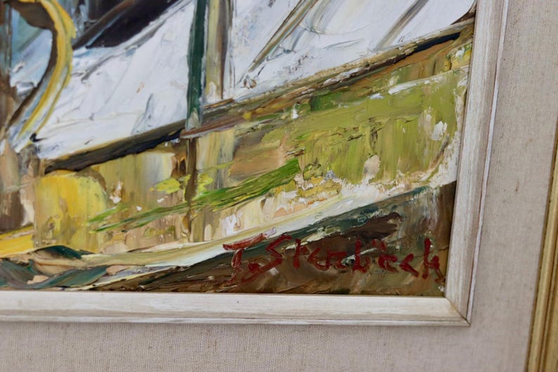 Original Swedish Mid Century Oil on Panel "Yellow Flowers by a Window" by T. Stenbäck- -Vintage & Framed