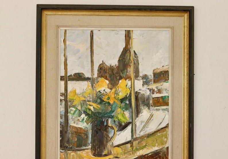 Original Swedish Mid Century Oil on Panel "Yellow Flowers by a Window" by T. Stenbäck- -Vintage & Framed