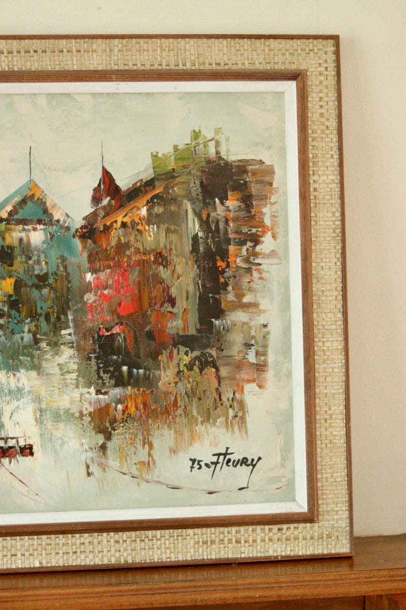 Original Oil on Canvas – “Town” by FLEURY – Vintage & Framed, 60 x 50 cm (23.6 x 19.7 in)
