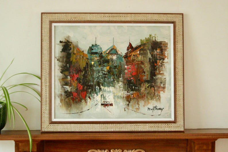 Original Oil on Canvas – “Town” by FLEURY – Vintage & Framed, 60 x 50 cm (23.6 x 19.7 in)