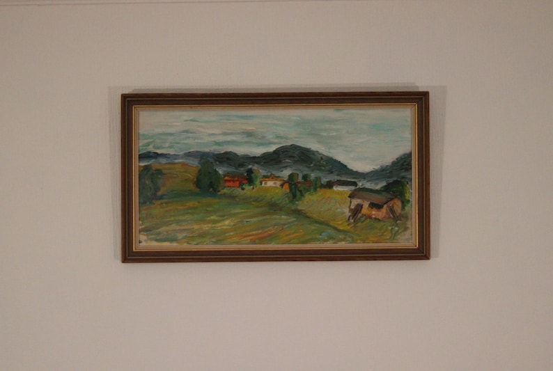 Original Swedish Oil on Panel – “Houses”– Vintage & Framed – 26 × 53 cm (10.2" × 20.9")