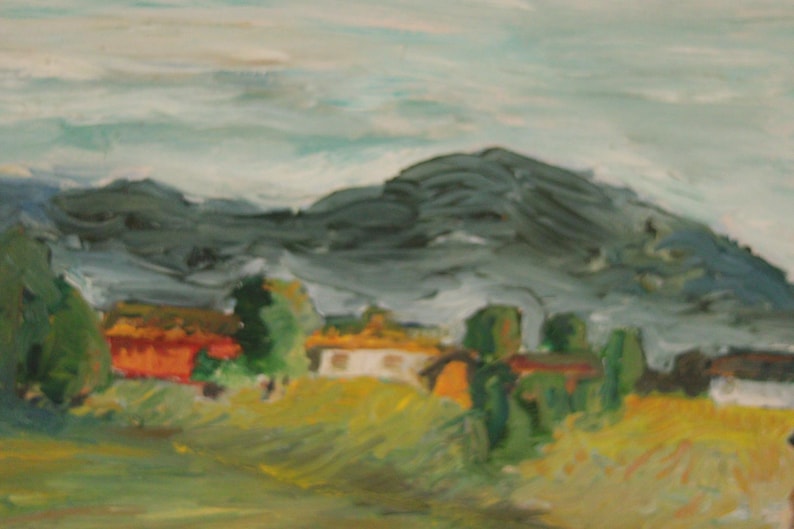 Original Swedish Oil on Panel – “Houses”– Vintage & Framed – 26 × 53 cm (10.2" × 20.9")