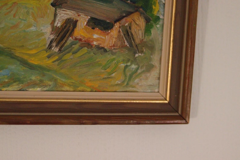 Original Swedish Oil on Panel – “Houses”– Vintage & Framed – 26 × 53 cm (10.2" × 20.9")