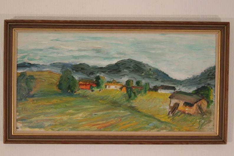 Original Swedish Oil on Panel – “Houses”– Vintage & Framed – 26 × 53 cm (10.2" × 20.9")