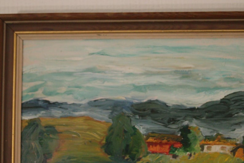 Original Swedish Oil on Panel – “Houses”– Vintage & Framed – 26 × 53 cm (10.2" × 20.9")