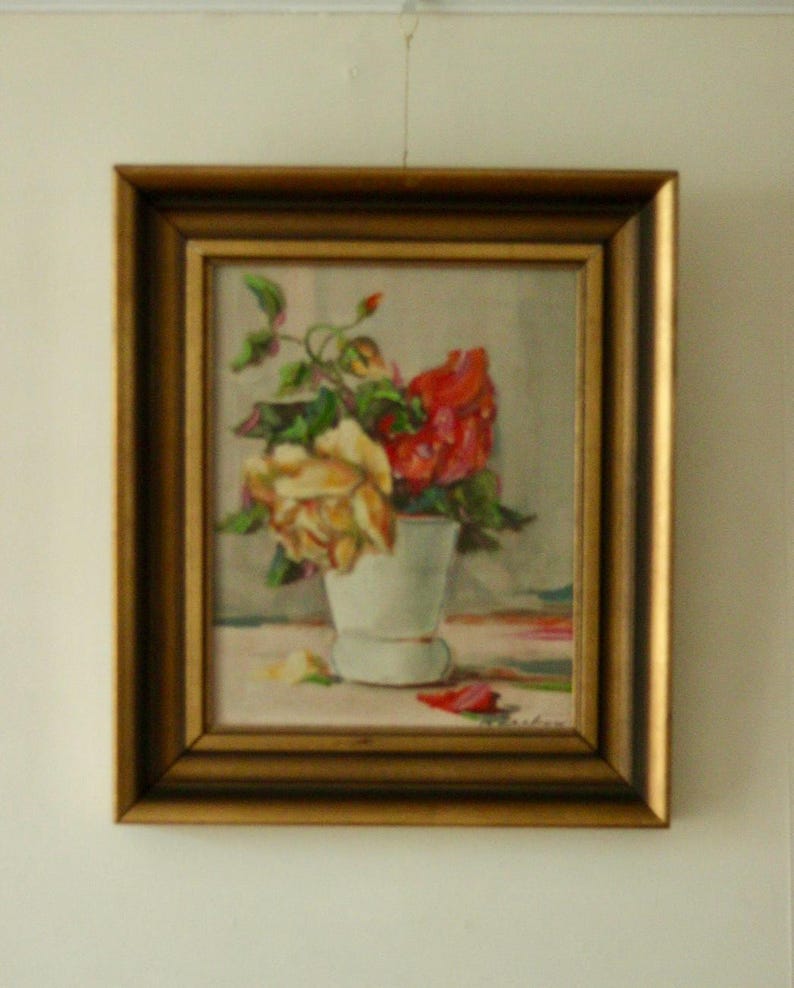 Original Swedish Oil on Panel – “Still Life: Vase of Roses” – Signed & Framed, 40.5 x 34.5 cm (15.9 x 13.6 in)