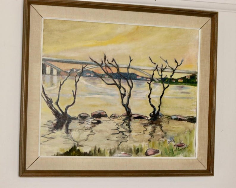Original Swedish Oil On Canvas Painting "Water Side" --Vintage & Framed