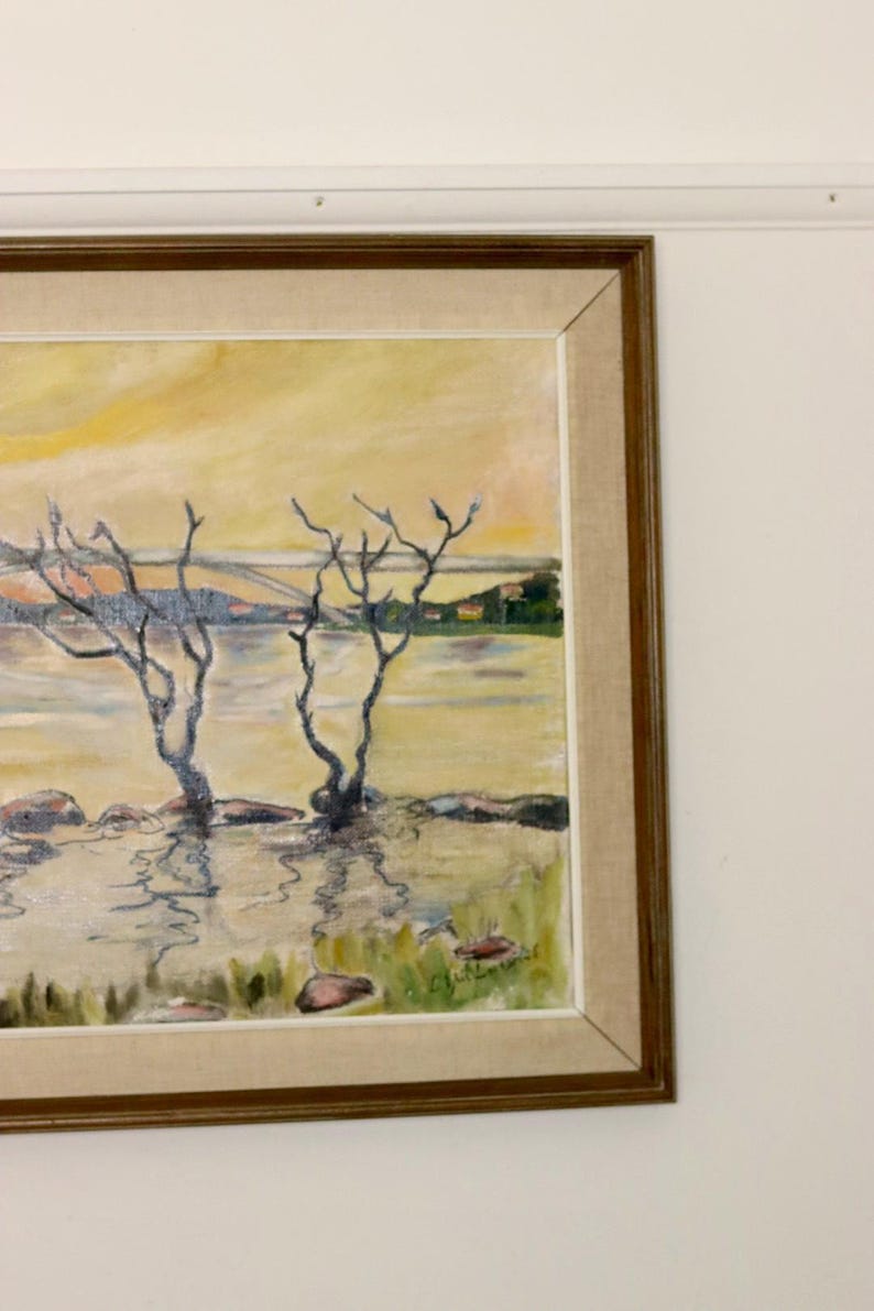 Original Swedish Oil On Canvas Painting "Water Side" --Vintage & Framed