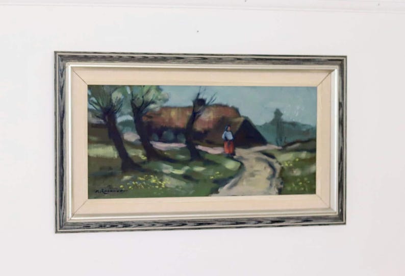 Swedish Mid-Century Oil On Canvas Painting "Woman and House" by Kurt Rosander--Vintage & Framed
