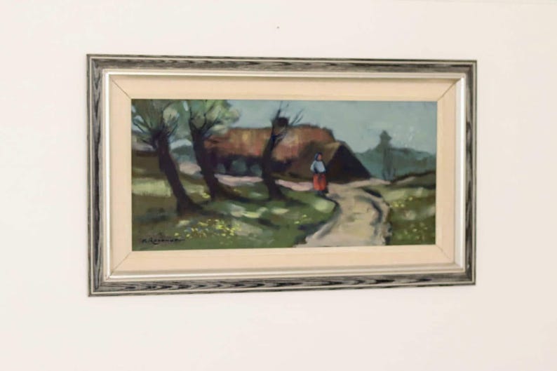 Swedish Mid-Century Oil On Canvas Painting "Woman and House" by Kurt Rosander--Vintage & Framed