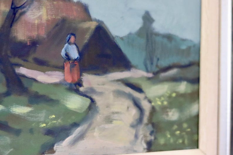 Swedish Mid-Century Oil On Canvas Painting "Woman and House" by Kurt Rosander--Vintage & Framed