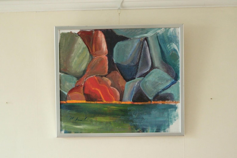 Original Swedish Abstract Oil on Canvas Painting "Abstract Rocks" | Vintage & Framed – 40 × 47 cm | 15.7 × 18.5 in