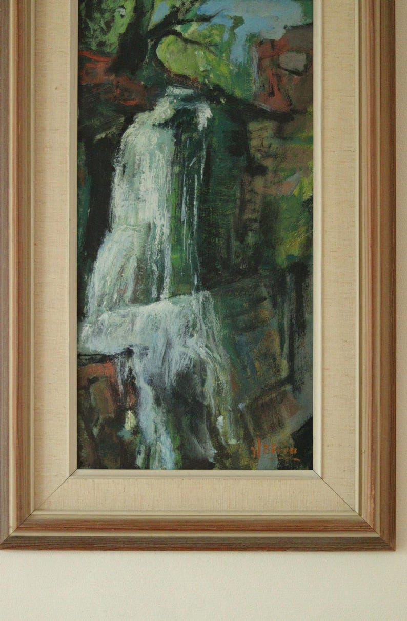 Original Swedish Oil on Panel Painting "Waterfall" by John Börén | Vintage & Framed – 58 × 37 cm | 22.8 × 14.6 in