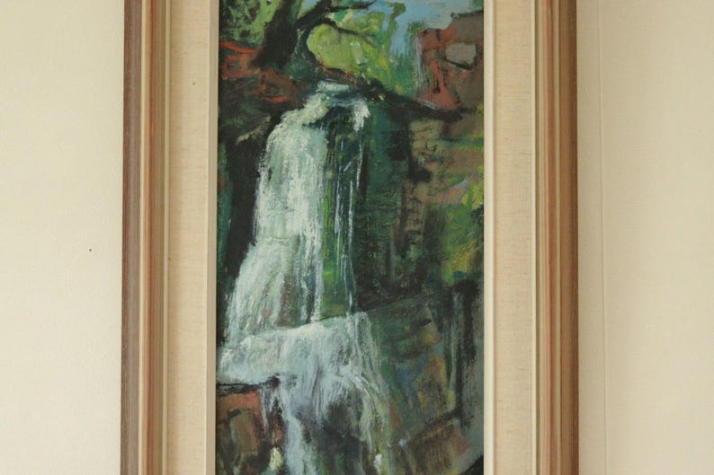Original Swedish Oil on Panel Painting "Waterfall" by John Börén | Vintage & Framed – 58 × 37 cm | 22.8 × 14.6 in