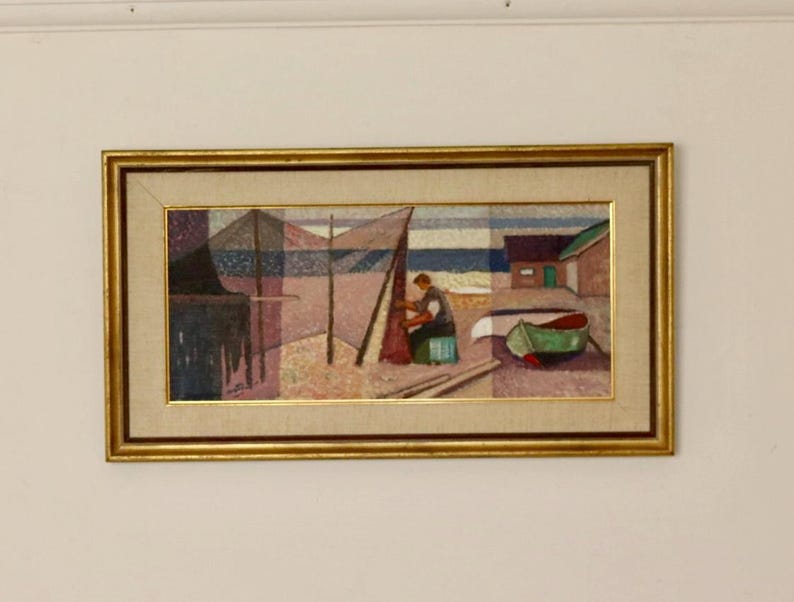 Mid-Century Original Swedish Oil on Panel "Coastal Fisherman Scene" by Göte Rex - Vintage & Framed
