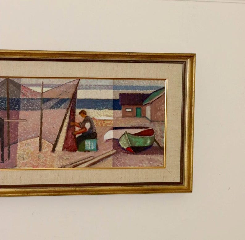 Mid-Century Original Swedish Oil on Panel "Coastal Fisherman Scene" by Göte Rex - Vintage & Framed