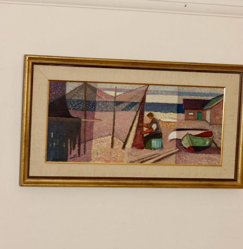 Mid-Century Original Swedish Oil on Panel "Coastal Fisherman Scene" by Göte Rex - Vintage & Framed