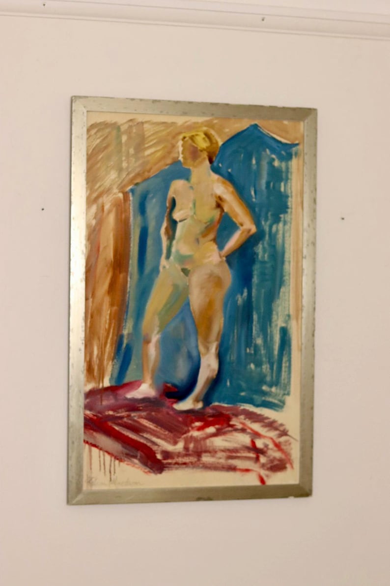 Mid-Century Original Swedish Oil on Paper "Standing Female Nude" by Hakan Alfredson - Vintage & Framed
