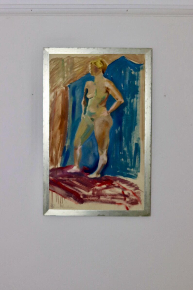 Mid-Century Original Swedish Oil on Paper "Standing Female Nude" by Hakan Alfredson - Vintage & Framed