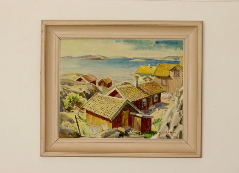 Original Mid-Century Original Swedish Oil on Canvas "Bohuslan" by Helge Lindahl - Vintage & Framed