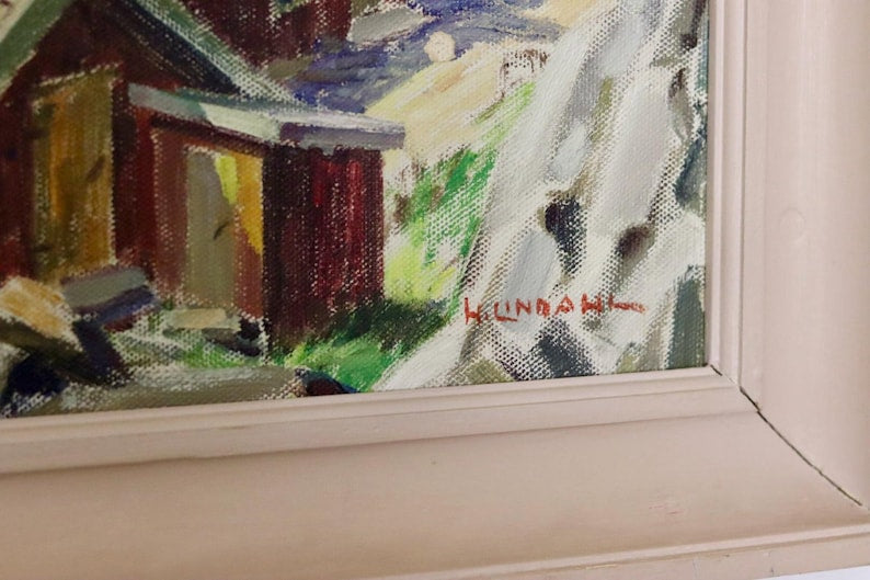 Original Mid-Century Original Swedish Oil on Canvas "Bohuslan" by Helge Lindahl - Vintage & Framed