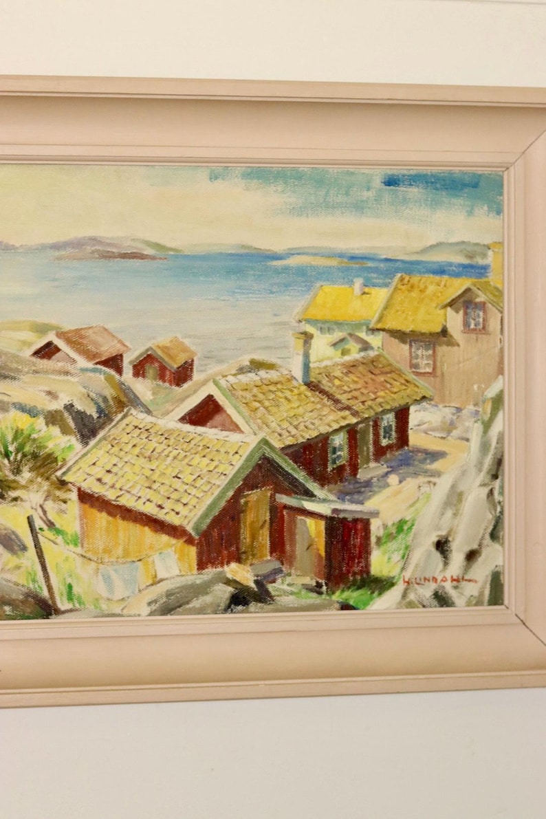 Original Mid-Century Original Swedish Oil on Canvas "Bohuslan" by Helge Lindahl - Vintage & Framed