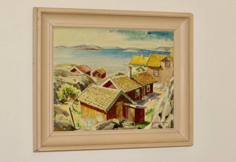 Original Mid-Century Original Swedish Oil on Canvas "Bohuslan" by Helge Lindahl - Vintage & Framed