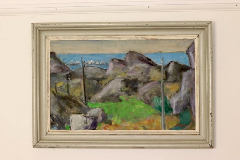 Scandinavian Mid-Century Oil On Canvas Painting" Coastal Landscape " by Selim Soldan --Vintage & Framed