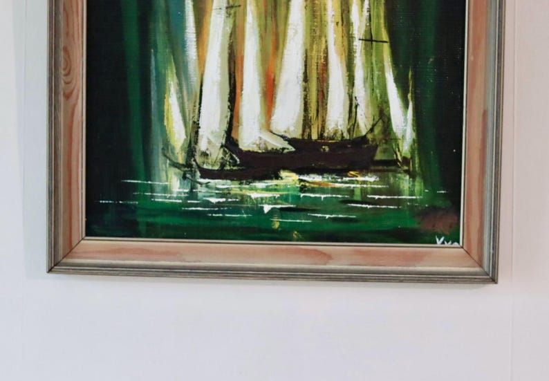 Mid-20th Century Original Oil on Canvas – Boats – Vintage & Framed, 49 x 49 cm / 19.3 x 19.3 in