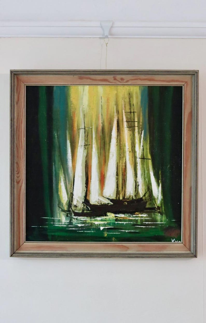 Mid-20th Century Original Oil on Canvas – Boats – Vintage & Framed, 49 x 49 cm / 19.3 x 19.3 in