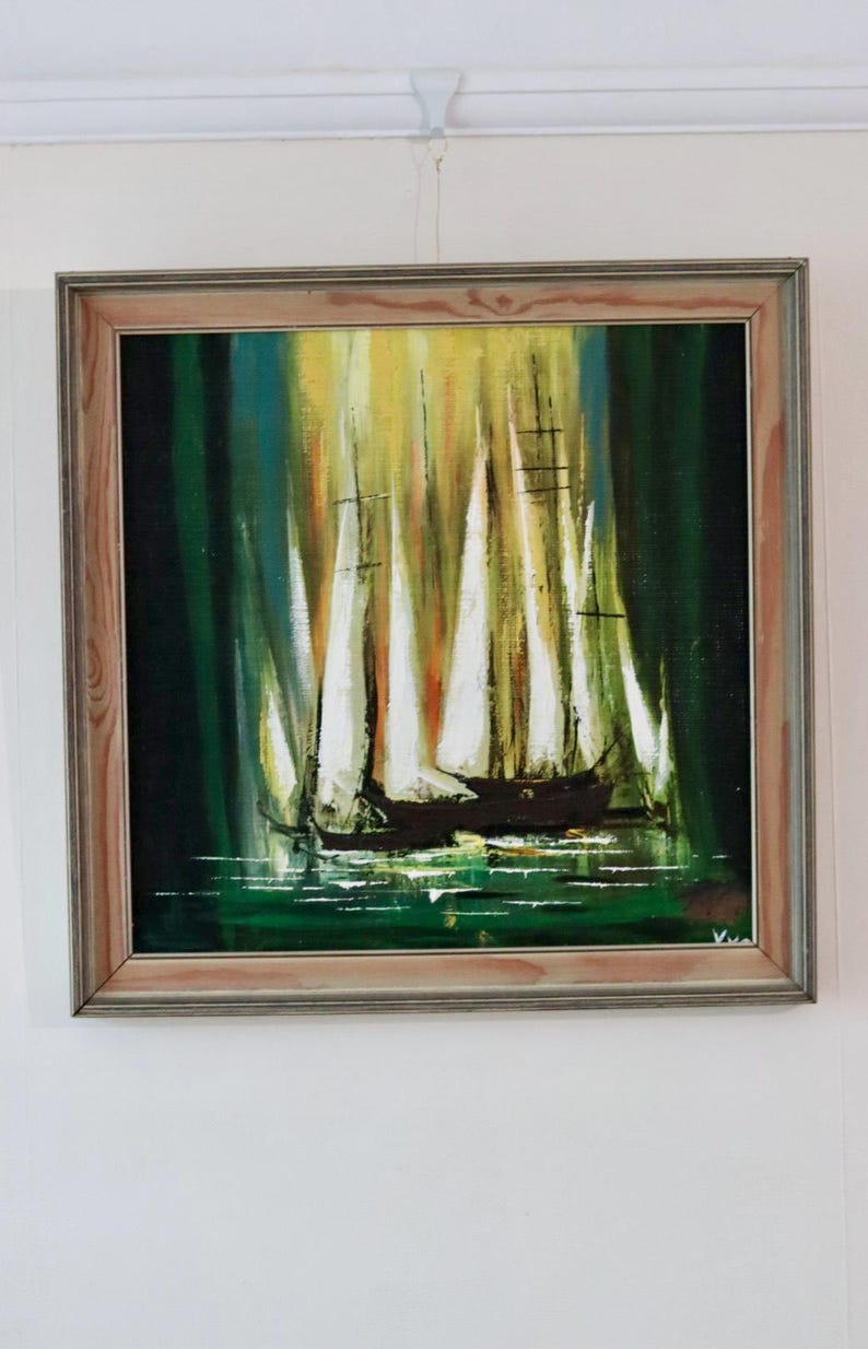 Mid-20th Century Original Oil on Canvas – Boats – Vintage & Framed, 49 x 49 cm / 19.3 x 19.3 in