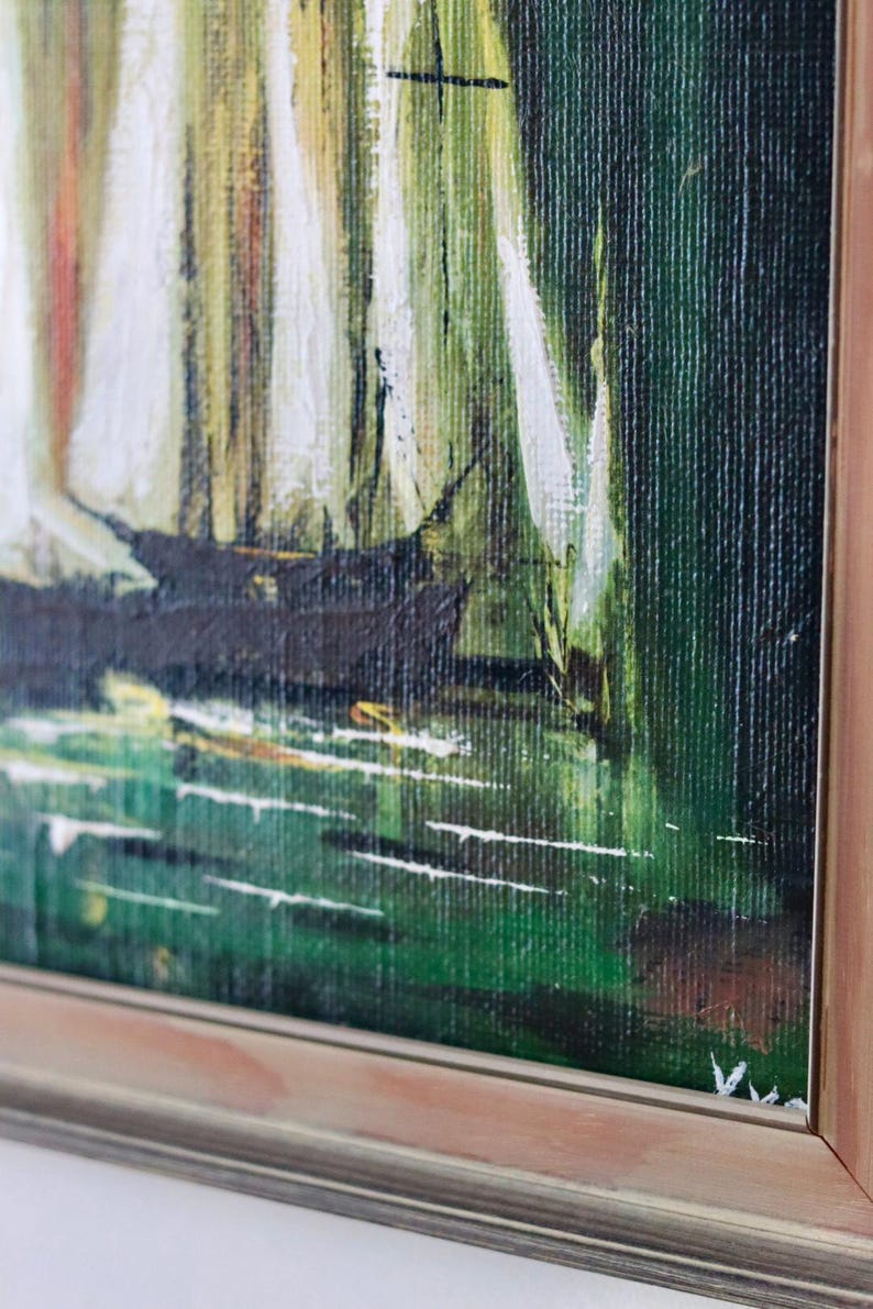 Mid-20th Century Original Oil on Canvas – Boats – Vintage & Framed, 49 x 49 cm / 19.3 x 19.3 in