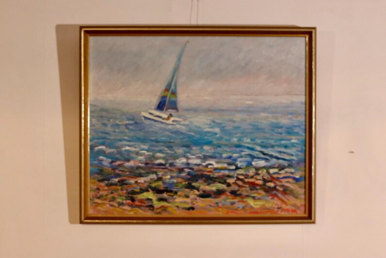 Mid century Original Swedish Oil on Canvas – Catamaran at Torre Ouva – GUNNAR INGEMAR ERIXON – Vintage & Framed, 41 x 48 cm / 16.1 x 18.9 in