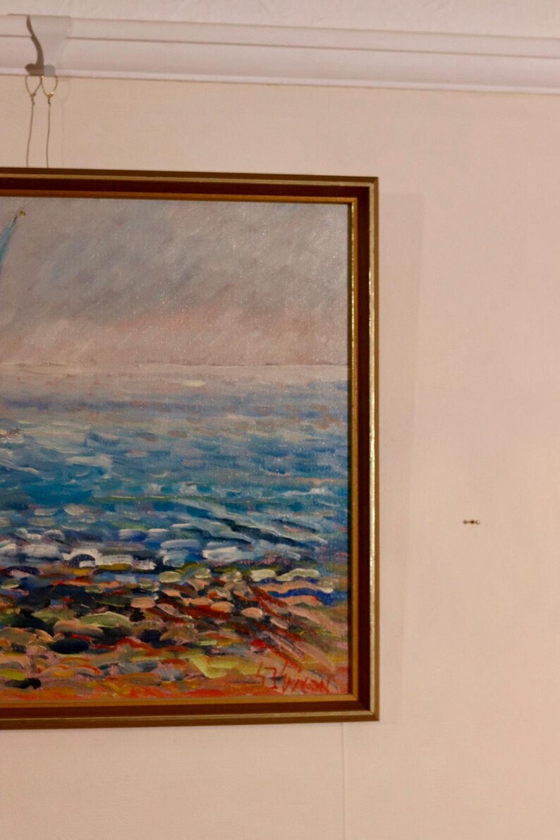 Mid century Original Swedish Oil on Canvas – Catamaran at Torre Ouva – GUNNAR INGEMAR ERIXON – Vintage & Framed, 41 x 48 cm / 16.1 x 18.9 in