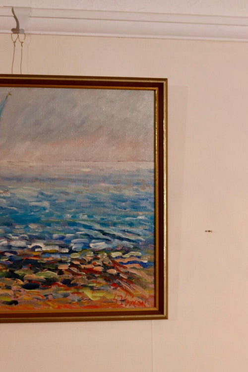 Mid century Original Swedish Oil on Canvas – Catamaran at Torre Ouva – GUNNAR INGEMAR ERIXON – Vintage & Framed, 41 x 48 cm / 16.1 x 18.9 in