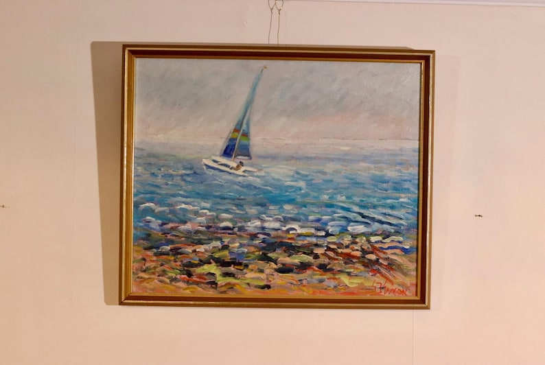 Mid century Original Swedish Oil on Canvas – Catamaran at Torre Ouva – GUNNAR INGEMAR ERIXON – Vintage & Framed, 41 x 48 cm / 16.1 x 18.9 in