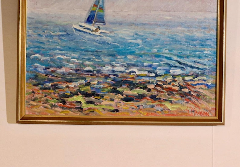 Mid century Original Swedish Oil on Canvas – Catamaran at Torre Ouva – GUNNAR INGEMAR ERIXON – Vintage & Framed, 41 x 48 cm / 16.1 x 18.9 in