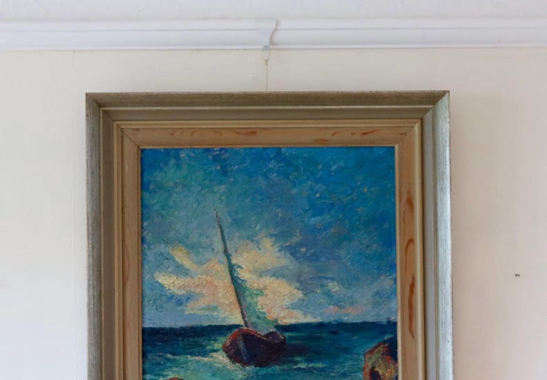 Mid-20th Century Original Oil on Panel – Ship at Sea – Vintage & Framed, 52 x 60 cm / 20.5 x 23.6 in