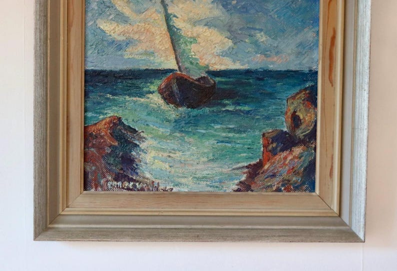 Mid-20th Century Original Oil on Panel – Ship at Sea – Vintage & Framed, 52 x 60 cm / 20.5 x 23.6 in