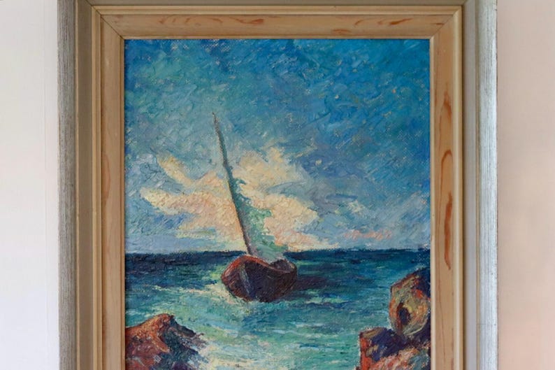 Mid-20th Century Original Oil on Panel – Ship at Sea – Vintage & Framed, 52 x 60 cm / 20.5 x 23.6 in