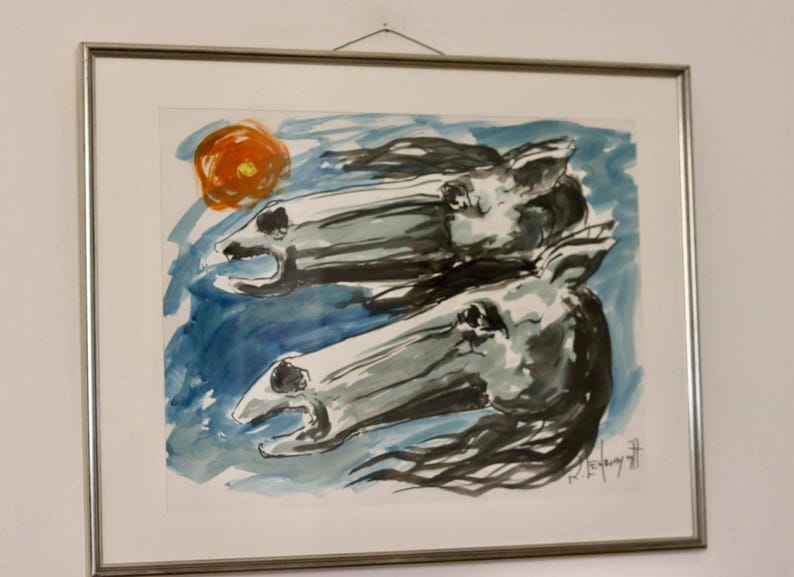 Original 1970's European Vintage Watercolour On Paper Painting "Horses" by Robert Lendvay --Vintage & Framed-Glazed